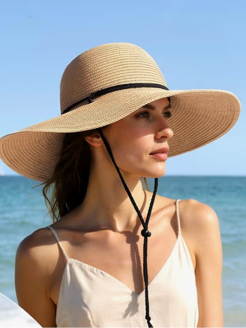Wind Lanyard Wide Brim Straw Hat Summer Beach Garden Vacation Foldable UPF 50+ - Picture 2 of 8